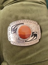 Western Theme Metal Belt Buckle With Set Polished Stone Center