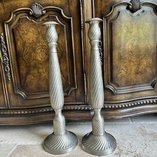 VTG Candlestick Holders 23" Nickel Plated Yellow Brass Spiral Sections MCM