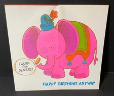 VTG 1975 Forget-Me-Not Birthday Card UNUSED Pink Elephant I Work For Peanuts