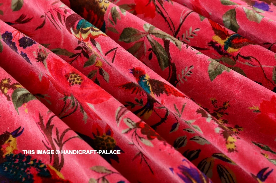 Luxury Soft Velvet Bird Print Fabric Indian Dress Sewing Upholstery Pink Fabric - Image 2 of 3