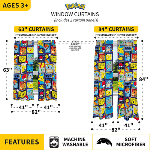 Kids Room Window Curtains Drapes Set, 82 X 63 In, Pokemon - Picture 5 of 35