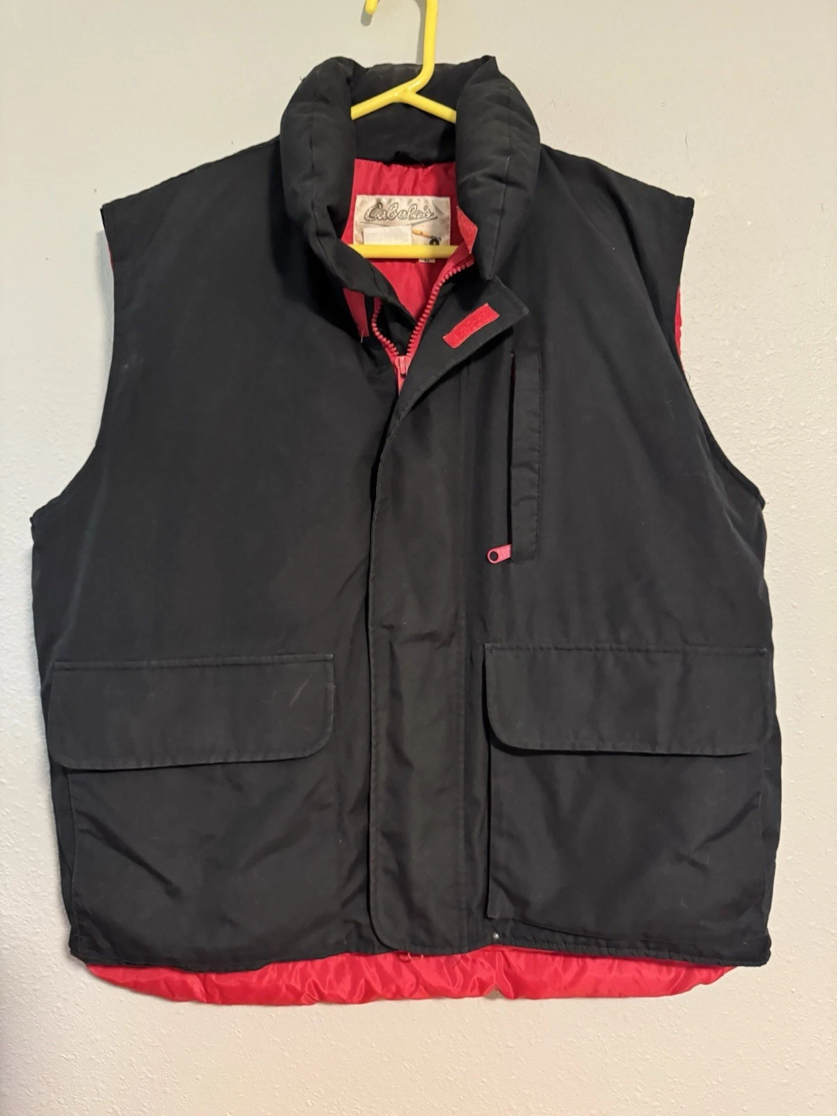 Vtg Cabelas Down Puffer Vest Mens Sz L Full Zip Pockets Black/Red