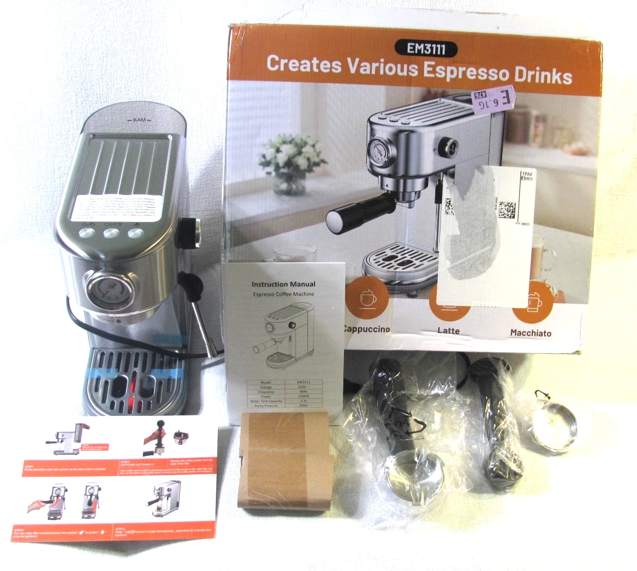 Intertek EM311 Espresso Machine w/Milk Frother 20 Bar High Pressure New Open Box