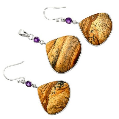 Naturbild Jaspis & Amethyst 925 Silber Anhänger Ohrringe Schmuckset T-1010