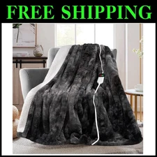 Faux Rabbit Fur Heated Throw Blanket, Fast Heating, Grey