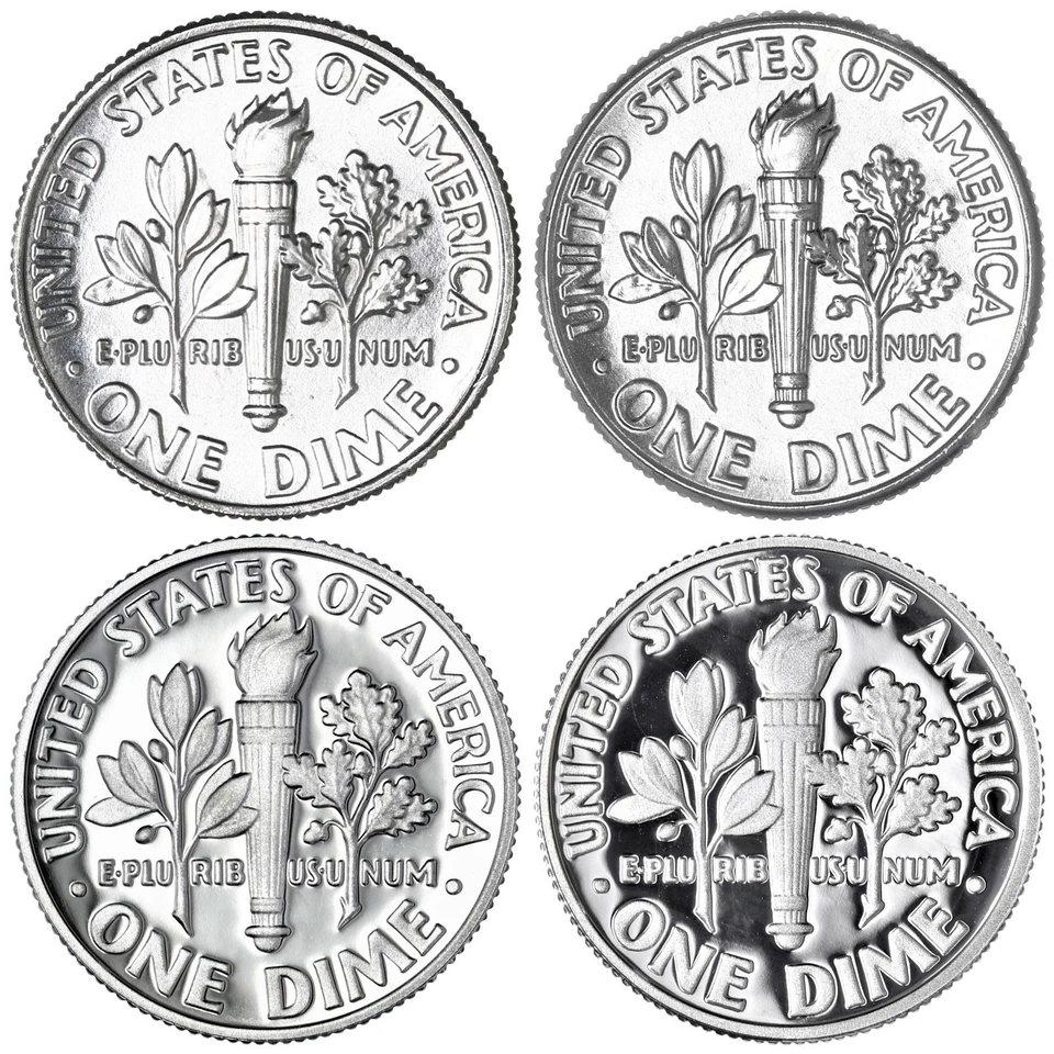 Juego de monedas de diez centavos Roosevelt 2022 P D S año plata y revestido prueba y lote de 4 monedas BU Foto 2 de 4