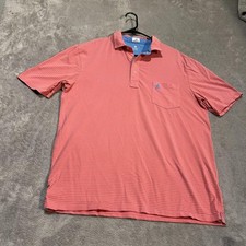 Johnnie-O Polo Shirt Mens Large Coral Blue Striped Hangin Out Stretch Pocket