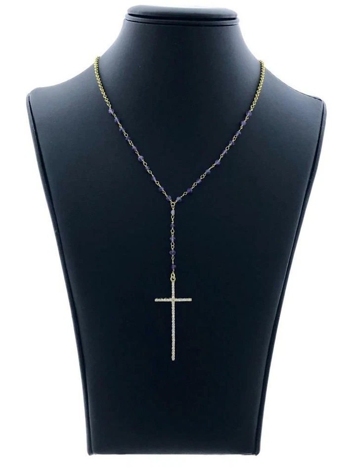 18k 黄金白色蓝宝石和紫色紫水晶十字架设计吊坠项链