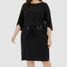 Msk Women's Black Belted Tulip Sleeve Dress Plus Size 1X