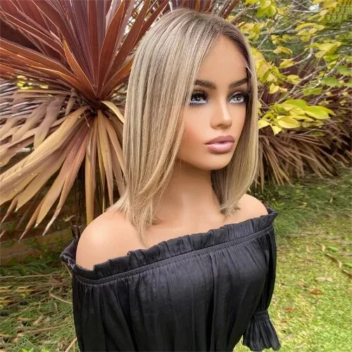 Short Straight Bob Lace Front Wigs Remy Human Hair Wig Dark Ash Blonde Highlight - Picture 2 of 7
