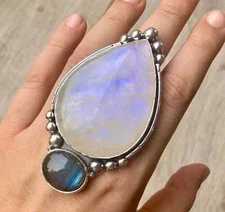 Large Moonstone Ring Teardrop Statement Ring Labradorite Ring Double Stone Ring