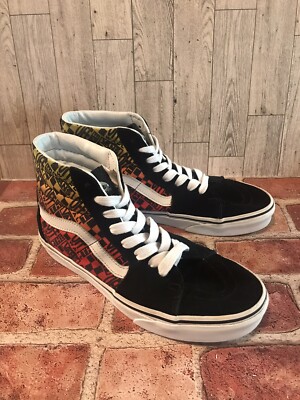 Vans Sk8t Hi Logo Flame Mens8 Womens 9.5 Sneakers Black Suede Spellout Logo Shoe