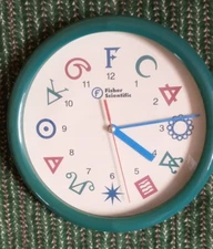 Fisher Scientific Chemistry Classroom Clock 9.5" Alchemy Symbols Analog Battery