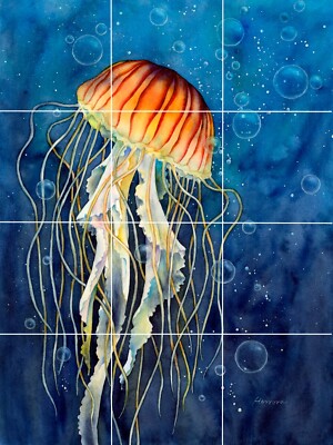 Sea Nettle Jellyfish tropical fish in ocean reef  ceramic tile mural backsplash
