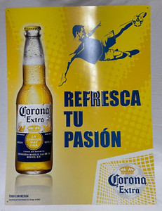 Corona Extra Metal tin Beer Sign Soccer. Spanish Very Good Condition.