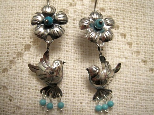 LOVE BIRD & FLOWER w TURQUOISE EARRINGS STERLING SILVER FRIDA KAHLO TAXCO MEXICO