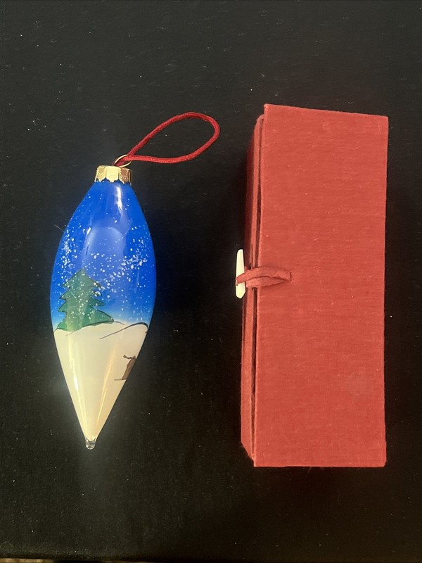 Christmas House Hand Painted Glass Teardrop Christmas Ornament W/Case