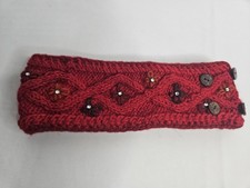Red knit winter headband fleece lined warm rhinestone buttons adjustable size