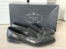 Prada Penny Loafers Black Polished Leather Mens Shoe Size 9.5