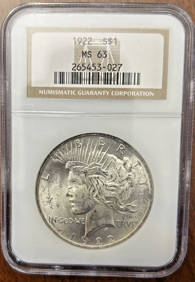 MS 63 Graded 1922 Year NGC Certified Peace Dollars (1921-1935) for