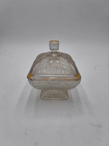 Vintage Depression Glass Candy Dish w/Lid Square Acorn &Leaves Design