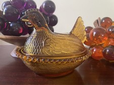 Indiana Glass Hen on Nest Amber Orange Glass Candy Dish 7 Inch Vintage Farmhouse