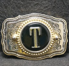 XD21143 GREAT VINTAGE 1970s T INITIAL LETTER FASHION MENS GOLDTONE BELT BUCKLE