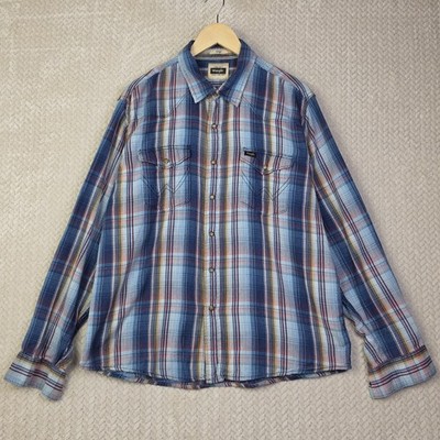 Wrangler Indigo Long Sleeve Button Down Blue Plaid Pearl Snap Shirt Men's XL