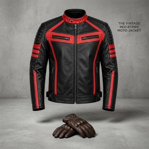 Men's Genuine Sheepskin Leather Café Racer Motorcycle Jacket – Black & Red - product listing photo
