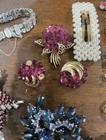 Vintage Costume Jewelry Lot Brooches Hair Clips Bracelet Watch Rhinestones Pea