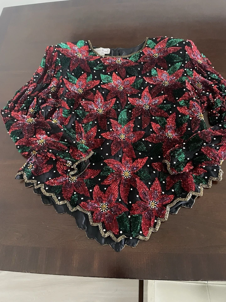 Женский шелковый топ Lawrence Kazar с бисером и блестками размер XXL черный красный пуансеттия винтажный - Изображение 3 из 4