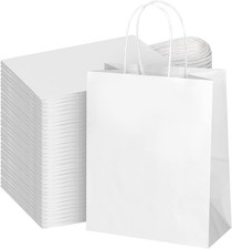 100Pcs Pack 8x4.75x10 inch Medium White Kraft Paper Bags with Handles Bulk, G...
