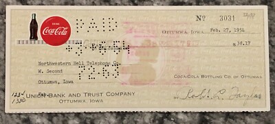 Vintage 1954 Coca-Cola Check - Original Coke Payment to Northwestern Telephone