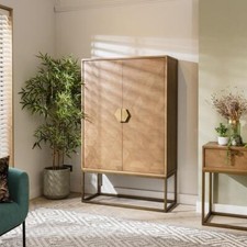 Modern 2 Door Tall Bar Drinks Cabinet Oak Wood & Gold Metal Brown 108cm