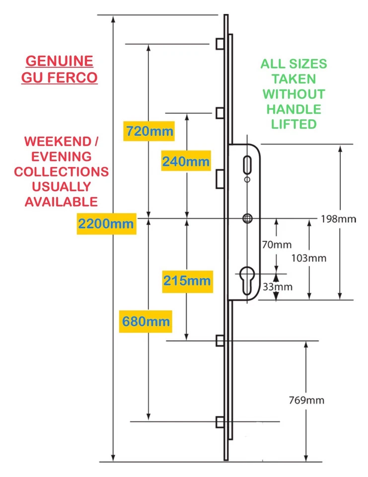 GENUINE GU Ferco Multipoint Door Lock Mechanism 28mm Backset 4 Rollers uPVC 70PZ - Image 3 of 3