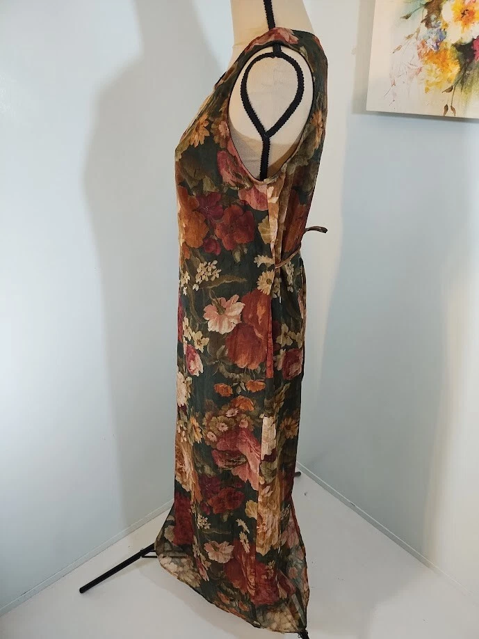 VETEMENTS Abito Dawn Joy Fashions taglia 10 floreale senza maniche foderato vita lunga cravatta trasparente