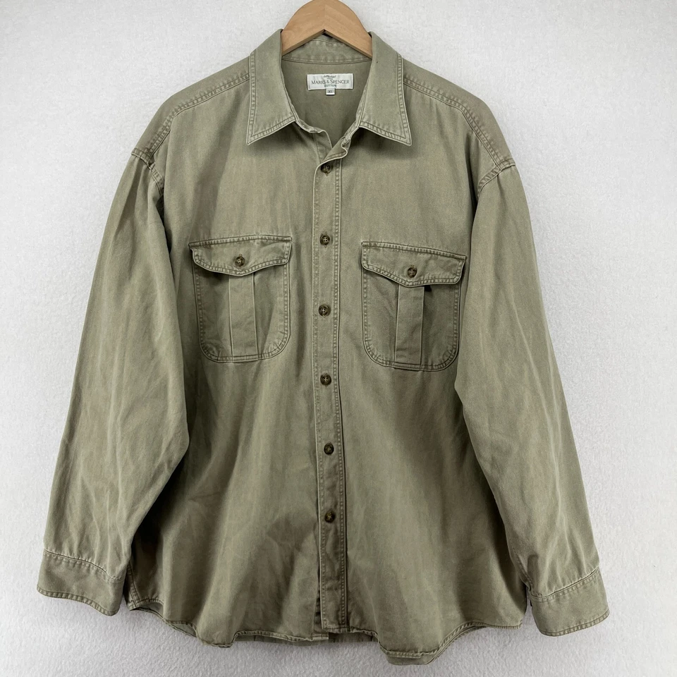 Camisa MARKS & SPENCER Para Hombres XL ST MICHAEL Utilidad Trabajo Sarga Algodón Verde Foto 2 de 4