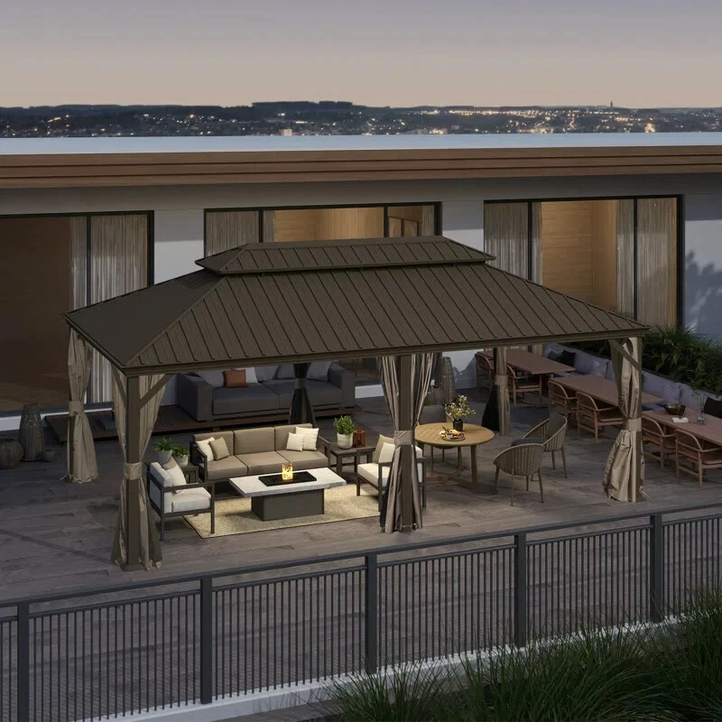 DOMI OUTDOOR LIVING Domi 14x22Ft Hardtop Gazebo Double Roof w/Curtain&Netting,Built-in gutter system