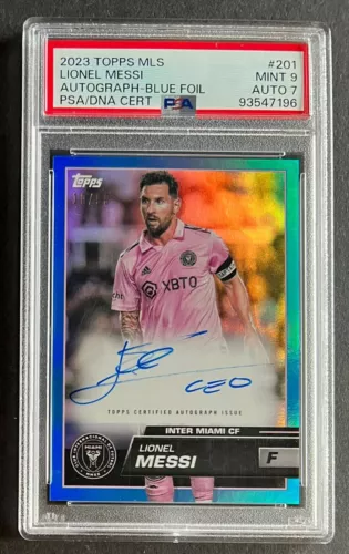 2023 Topps MLS Blue Foil Autograph #201 Lionel Messi Auto 10/99 Jersey # PSA 9/7