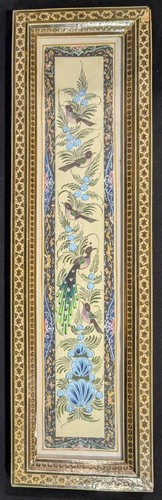 Khatam Intarsien gerahmt lang schmal Chinoiserie Vogel Gemälde 19 3/4” x 5,5” - Bild 4 von 5