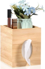 Tissue Box Cover, Bamboo Tissue Box Cover with Storage Tray Square Tissue Box Co