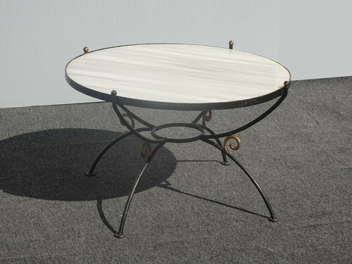 Vintage Spanish Style Wrought Iron w White & Gray Marble Top Coffee Table - Picture 4 of 12