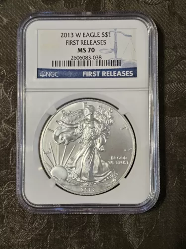 2013 W BURNISHED SILVER EAGLE NGC MS70 FIRST RELEASES BLUE LABEL