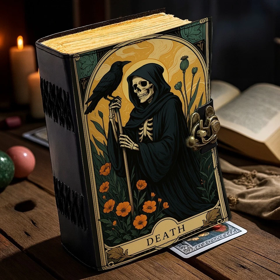 Diario de cuero hecho a mano Tarot tarjeta de la muerte grimorio gótico Wicca libro de sombras Foto 3 de 4