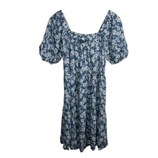 Naif Dress Women S Blue Floral Off the Shoulder Mini Puff Sleeve Cottage Peasant