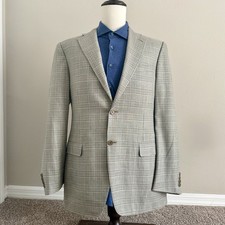 Canali Silk  Wool 42L EU 52 Blazer Sport Coat Suit Jacket Tan Blue White Plaid