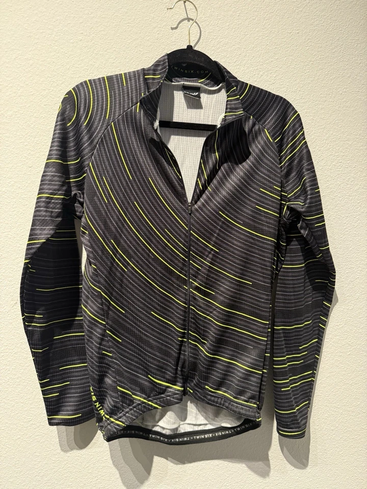 Twin Six Cycling Jersey Black & Neon Green Full Zip Long Sleeve Knit Size Medium - Image 2 of 4