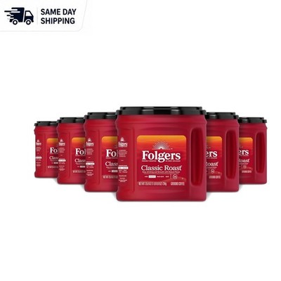 6 Pack Folgers Classic Roast Medium Coffee - Caffeinated Ground Coffee Canisters