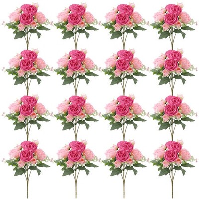 16 Pack Pink,Hot Pink Peonies Artificial Flowers,Fake Silk Hydrangea Bouquet ...