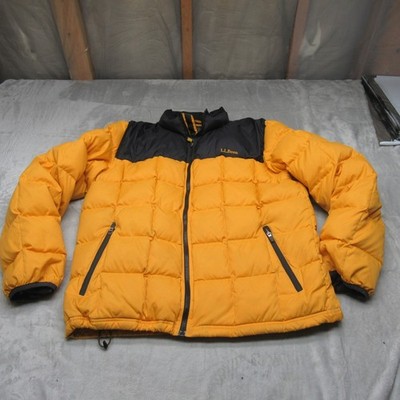 LL Bean Down Jacket Mens Large Yellow Quilted Insulated Puff Nylon Rain Wind